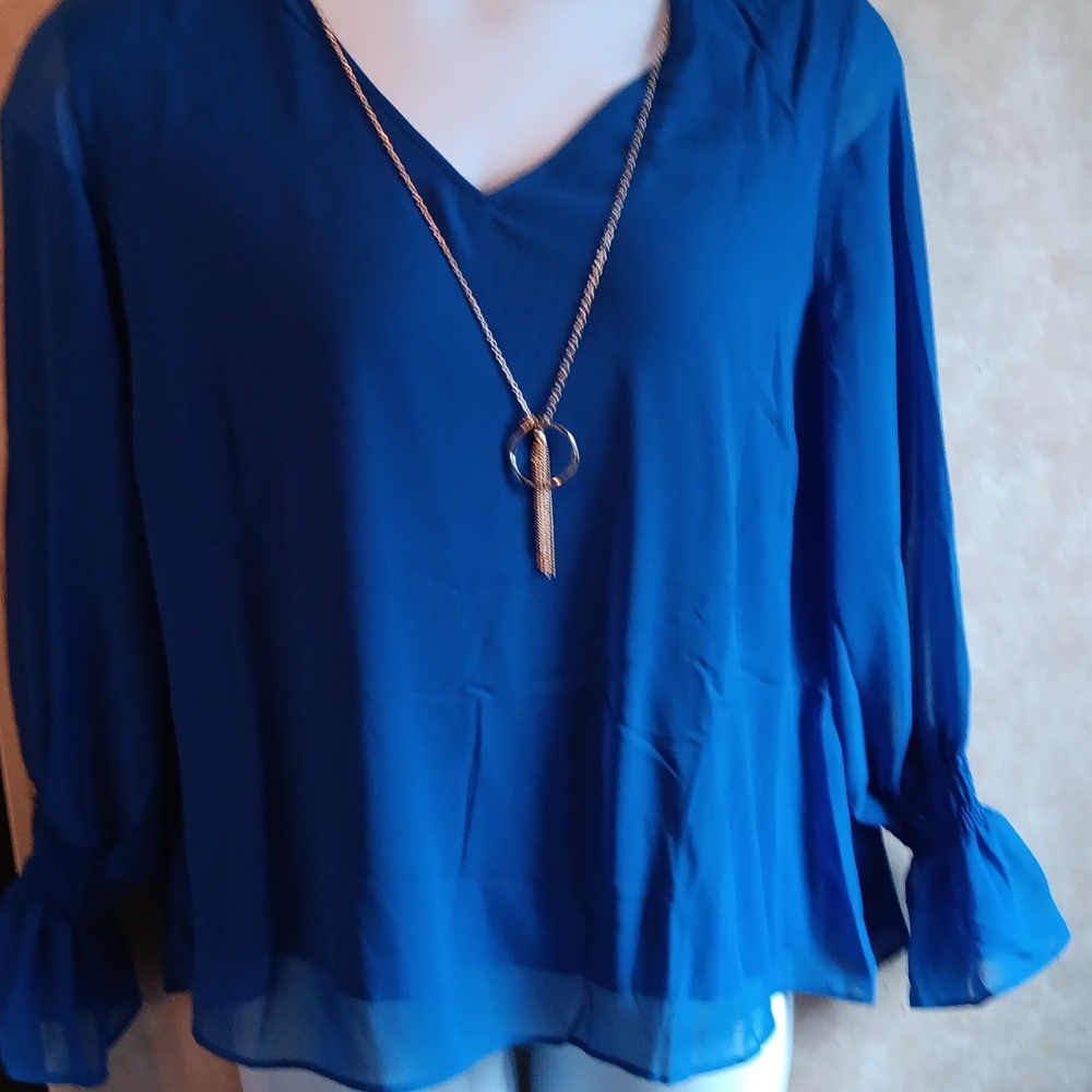 JM Collection Blue Ruffled Blouse with Long Sleeves